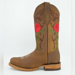 La Sierra 703 Tang Embroidered Roses Leather Square Toe Cowboy Boots, 6